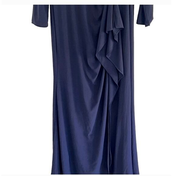 Betsy & Adam Navy blue cascading side ruffle long dress high slit  sz 12 - Picture 7 of 11